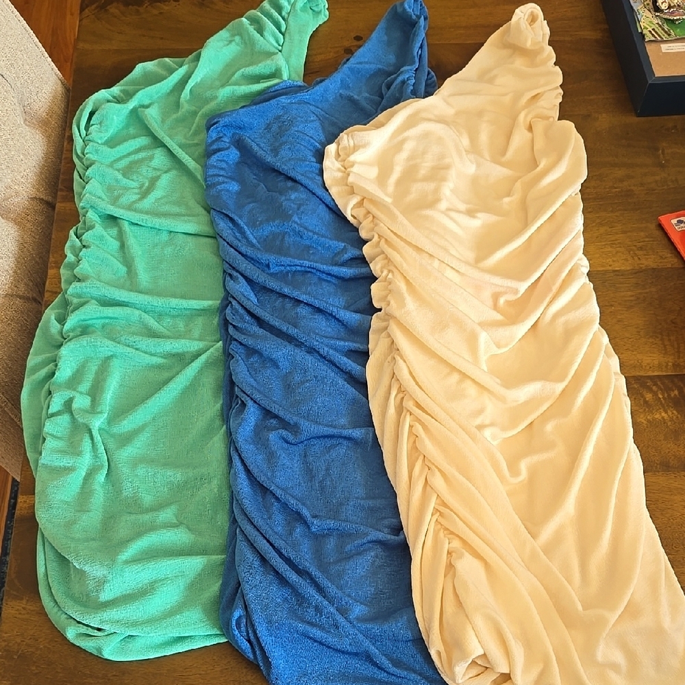 Set of Three Ruched Dresses in Green, Blue, and Cream